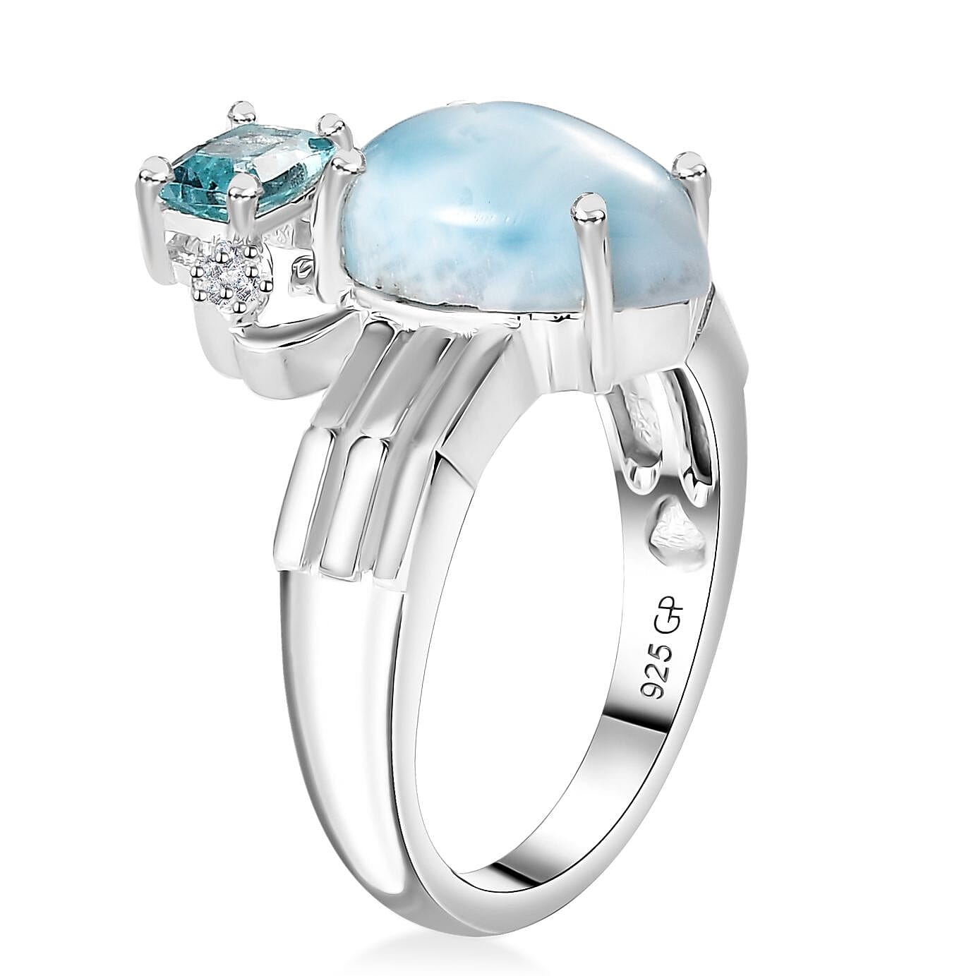 GP Trionfo Collection: Special Sealife Premium Larimar and Multi Gemstone Ring in Rhodium Over Sterling Silver (Size 10.0) 4.65 ctw