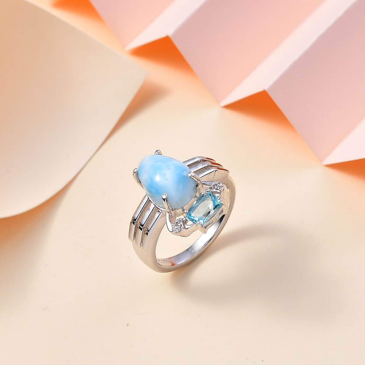 GP Trionfo Collection: Special Sealife Premium Larimar and Multi Gemstone Ring in Rhodium Over Sterling Silver (Size 6.0) 4.65 ctw image number 1
