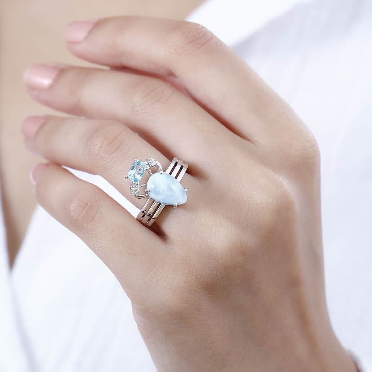 GP Trionfo Collection: Special Sealife Premium Larimar and Multi Gemstone Ring in Rhodium Over Sterling Silver (Size 6.0) 4.65 ctw image number 2