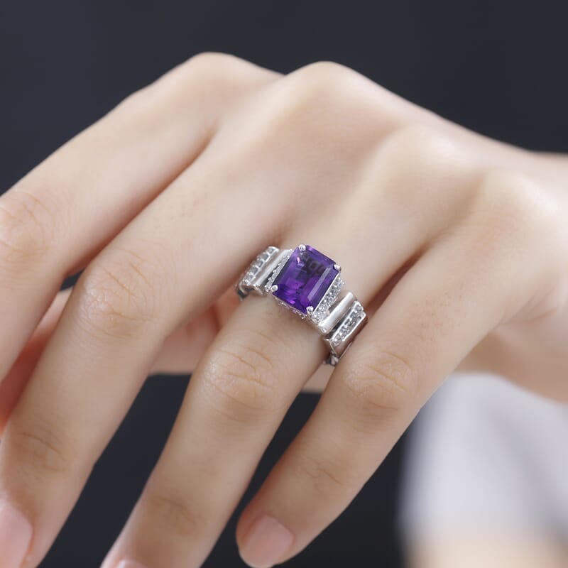 GP Art Deco Collection Premium Moroccan Amethyst and White Zircon Ring in Rhodium Over Sterling Silver (Size 10.0) 4.00 ctw