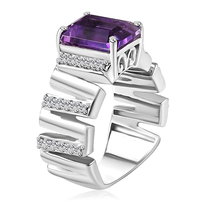 GP Art Deco Collection Premium Moroccan Amethyst and White Zircon Ring in Rhodium Over Sterling Silver (Size 10.0) 4.00 ctw