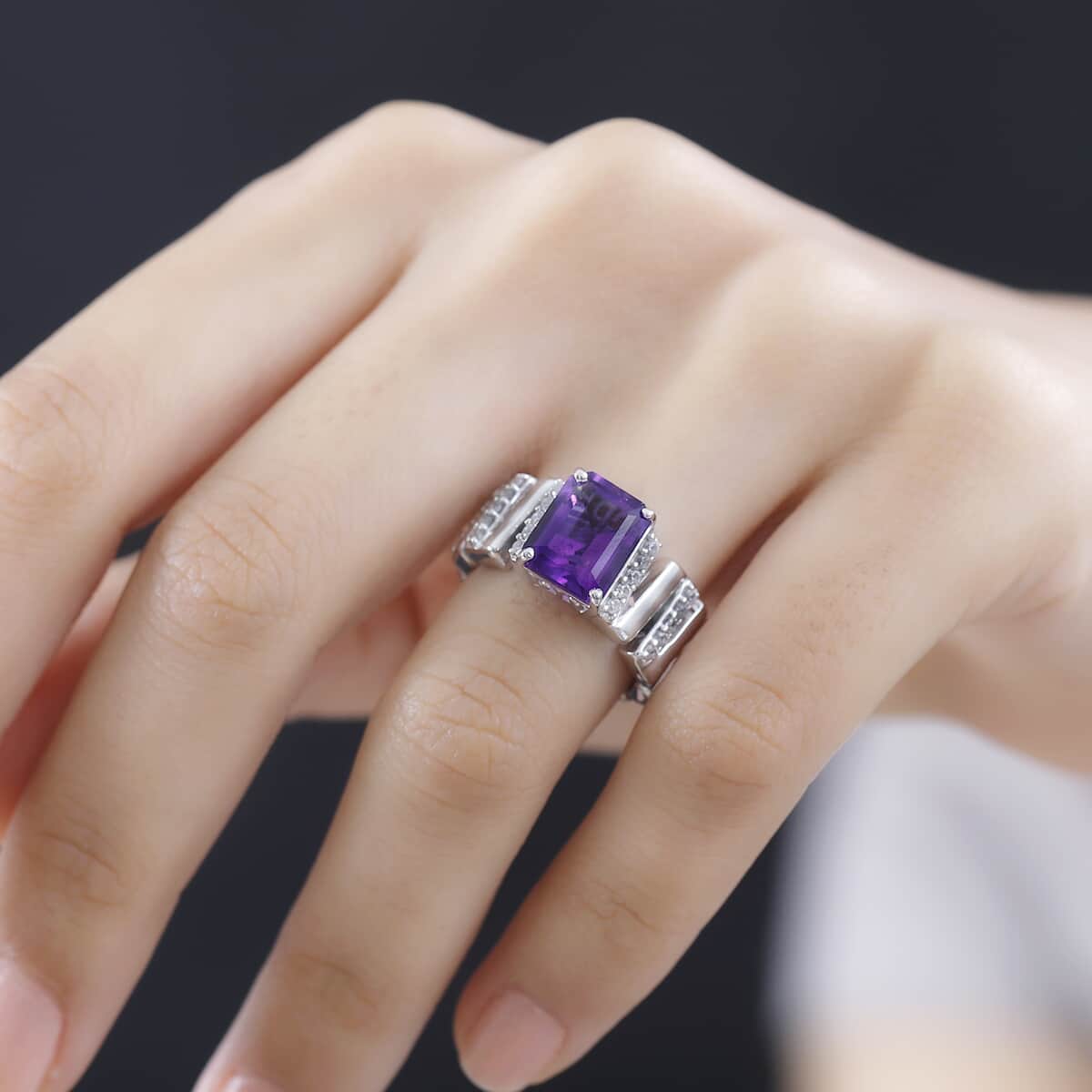 GP Art Deco Collection Premium Moroccan Amethyst and White Zircon Ring in Rhodium Over Sterling Silver (Size 7.0) 4.00 ctw image number 2