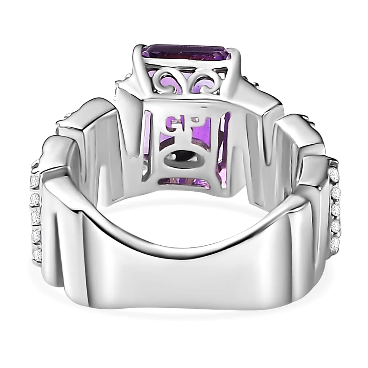 GP Art Deco Collection Premium Moroccan Amethyst and White Zircon Ring in Rhodium Over Sterling Silver (Size 7.0) 4.00 ctw image number 4