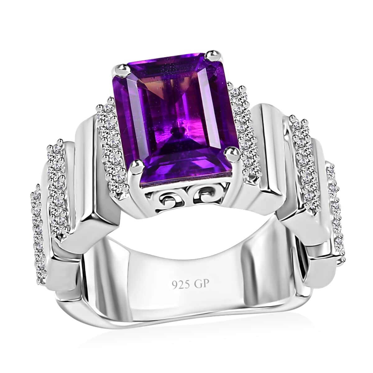 GP Art Deco Collection Premium Moroccan Amethyst and White Zircon Ring in Rhodium Over Sterling Silver (Size 8.0) 4.00 ctw image number 0