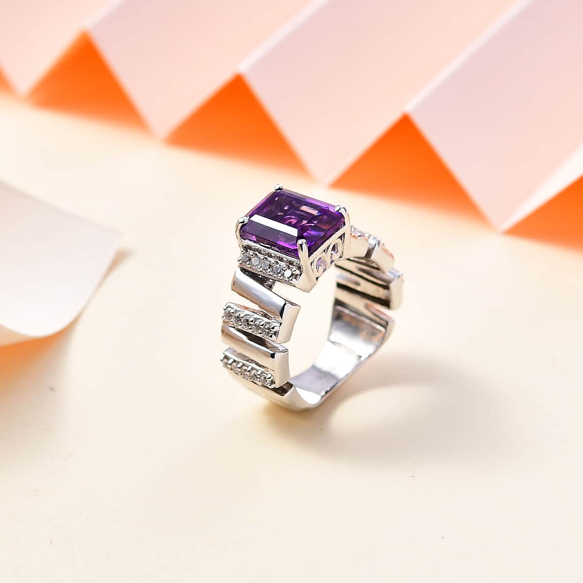 GP Art Deco Collection Premium Moroccan Amethyst and White Zircon Ring in Rhodium Over Sterling Silver (Size 8.0) 4.00 ctw image number 1