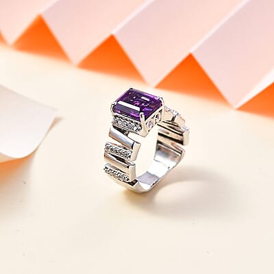 GP Art Deco Collection Premium Moroccan Amethyst and White Zircon Ring in Rhodium Over Sterling Silver (Size 8.0) 4.00 ctw