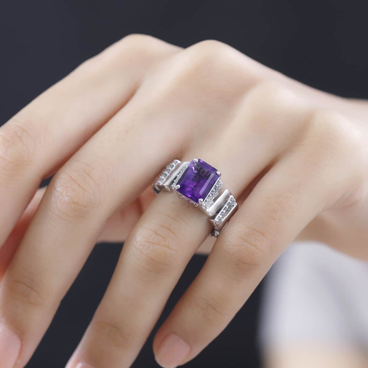 GP Art Deco Collection Premium Moroccan Amethyst and White Zircon Ring in Rhodium Over Sterling Silver (Size 8.0) 4.00 ctw image number 2