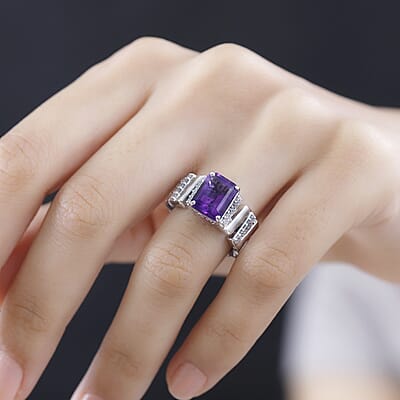 GP Art Deco Collection Premium Moroccan Amethyst and White Zircon Ring in Rhodium Over Sterling Silver (Size 8.0) 4.00 ctw