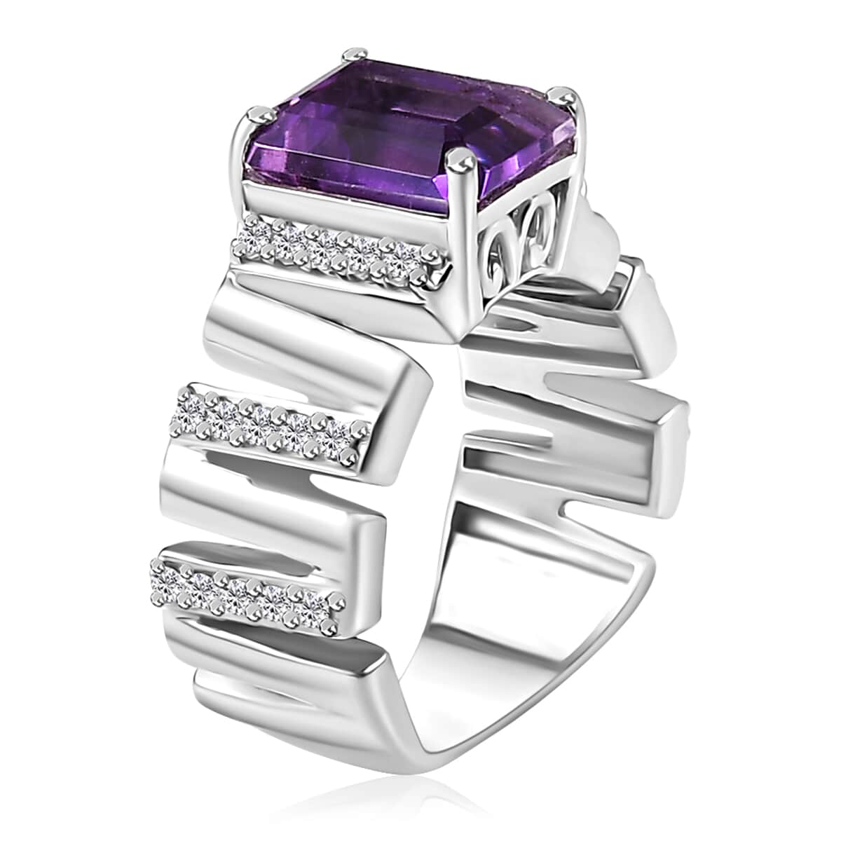 GP Art Deco Collection Premium Moroccan Amethyst and White Zircon Ring in Rhodium Over Sterling Silver (Size 8.0) 4.00 ctw image number 3