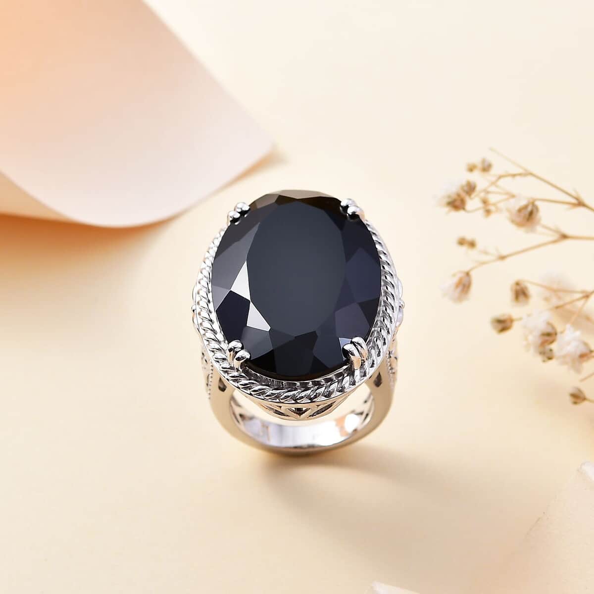 Thai Black Spinel 55.10 ctw Solitaire Ring in Rhodium Over Sterling Silver (Size 7.0) image number 1