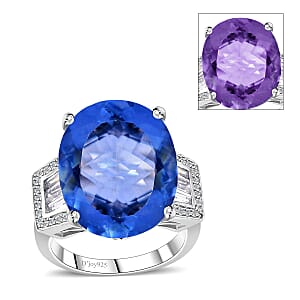 Color Change Fluorite (IR) and White Zircon 21.50 ctw Ring in Rhodium Over Sterling Silver (Size 8.0) 