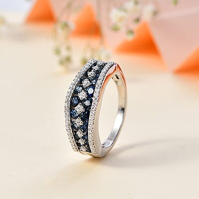 D'Joy Premium Ceylon Blue Sapphire and Moissanite Half Eternity Ring in Platinum Over Sterling Silver (Size 10.0) 1.65 ctw