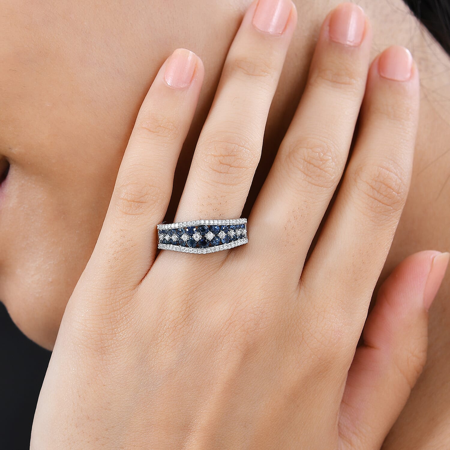 D'Joy Premium Ceylon Blue Sapphire and Moissanite Half Eternity Ring in Platinum Over Sterling Silver (Size 10.0) 1.65 ctw