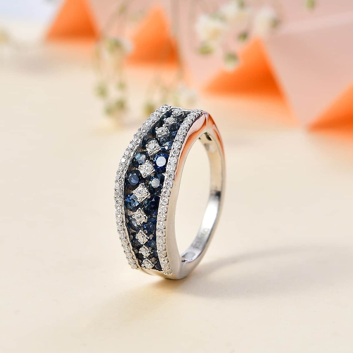 Premium Ceylon Blue Sapphire and Moissanite Half Eternity Ring in Platinum Over Sterling Silver (Size 7.0) 1.65 ctw image number 1