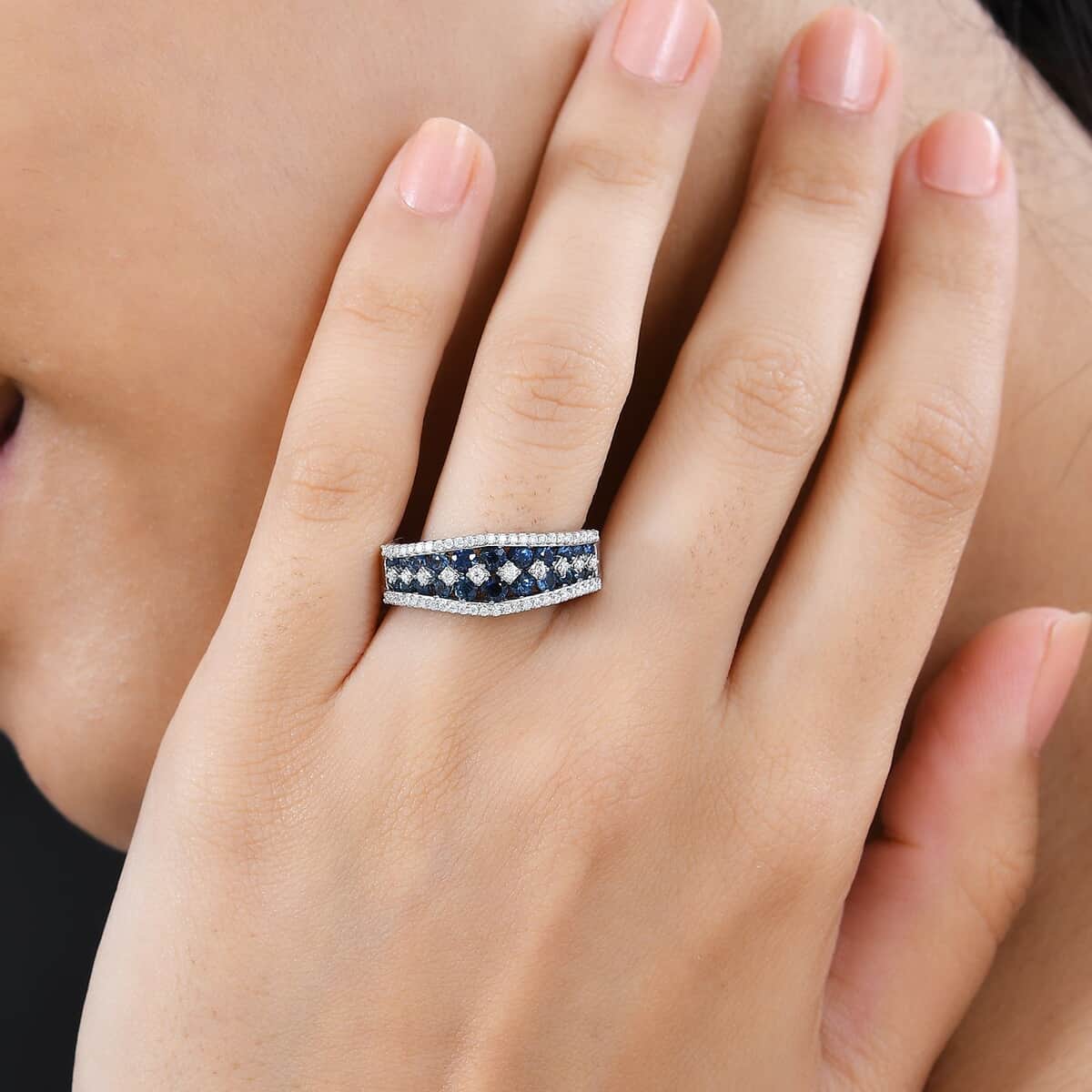 Premium Ceylon Blue Sapphire and Moissanite Half Eternity Ring in Platinum Over Sterling Silver (Size 7.0) 1.65 ctw image number 2