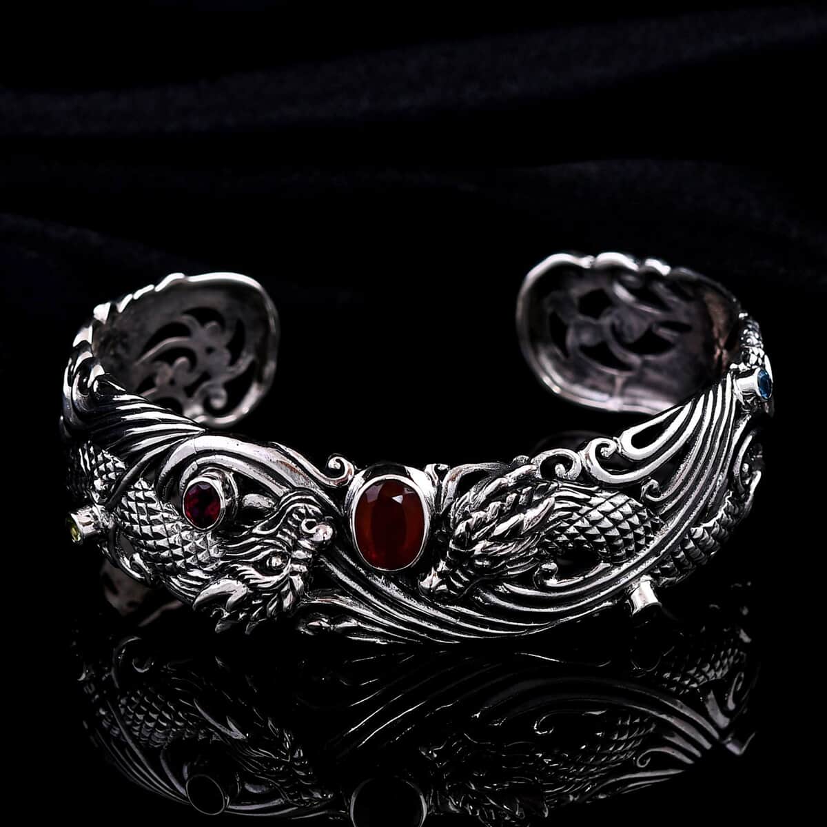 Bali Legacy Orange Kyanite and Multi Gemstone 3.15 ctw Dragon Cuff Bracelet in Sterling Silver (7.25 In) image number 1