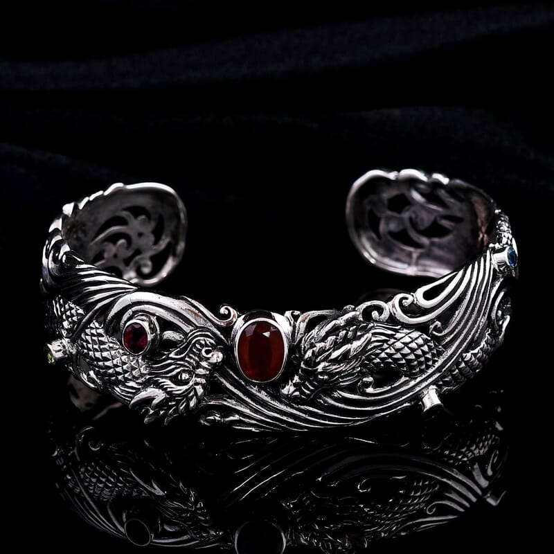Bali Legacy Orange Kyanite and Multi Gemstone 3.15 ctw Dragon Cuff Bracelet in Sterling Silver (7.25 In)