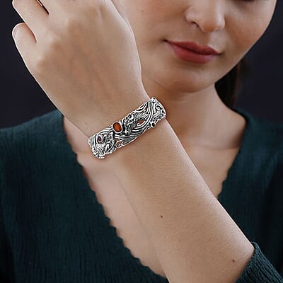Bali Legacy Orange Kyanite and Multi Gemstone 3.15 ctw Dragon Cuff Bracelet in Sterling Silver (7.25 In)