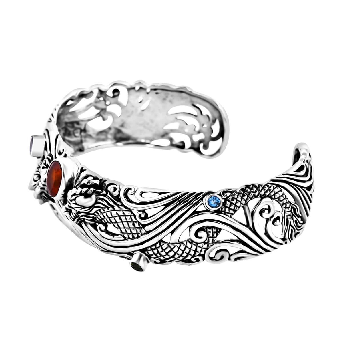 Bali Legacy Orange Kyanite and Multi Gemstone 3.15 ctw Dragon Cuff Bracelet in Sterling Silver (7.25 In) image number 4