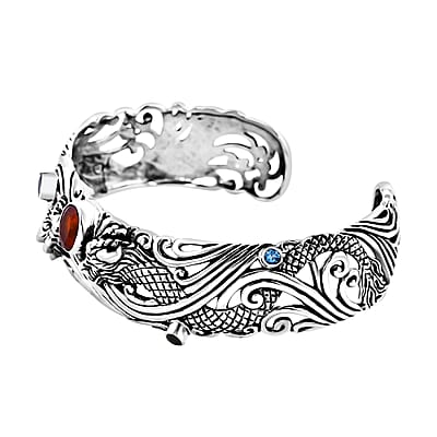 Bali Legacy Orange Kyanite and Multi Gemstone 3.15 ctw Dragon Cuff Bracelet in Sterling Silver (7.25 In)