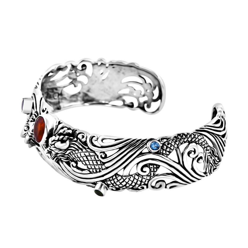 Bali Legacy Orange Kyanite and Multi Gemstone 3.15 ctw Dragon Cuff Bracelet in Sterling Silver (7.25 In)