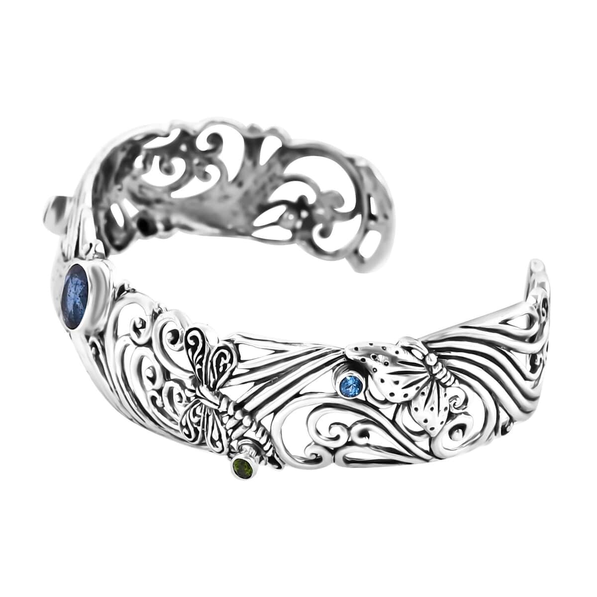 Bali Legacy Indigo Kyanite and Multi Gemstone 3.15 ctw Dragonfly and Butterfly Cuff Bracelet in Sterling Silver (7.25 In) image number 3