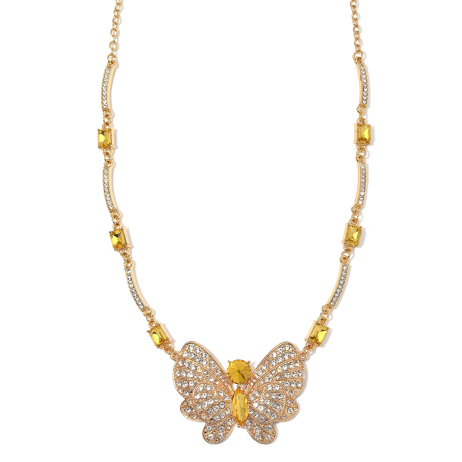 Yellow Glass and Austrian Crystal Butterfly Necklace 20-22 Inches in Goldtone