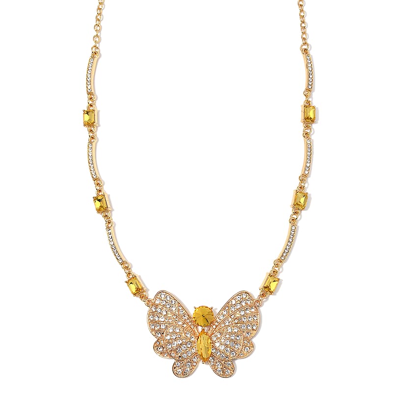 Yellow Glass and Austrian Crystal Butterfly Necklace 20-22 Inches in Goldtone