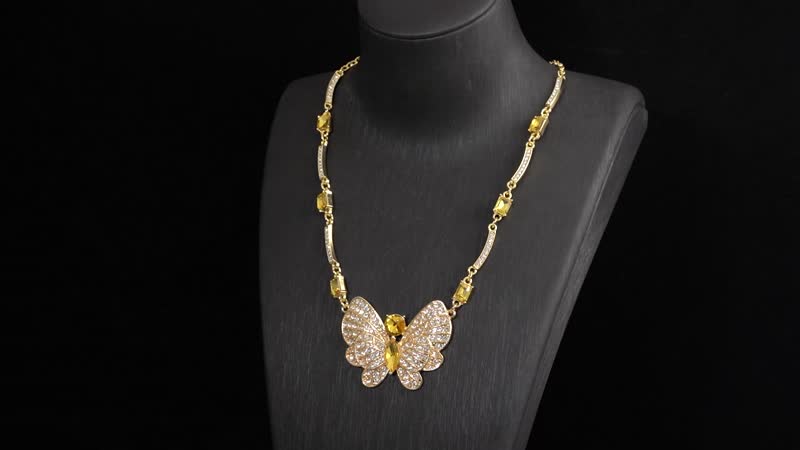 TLV Yellow Glass, Austrian Crystal Butterfly Necklace (20-22 Inches) and Earrings in Goldtone