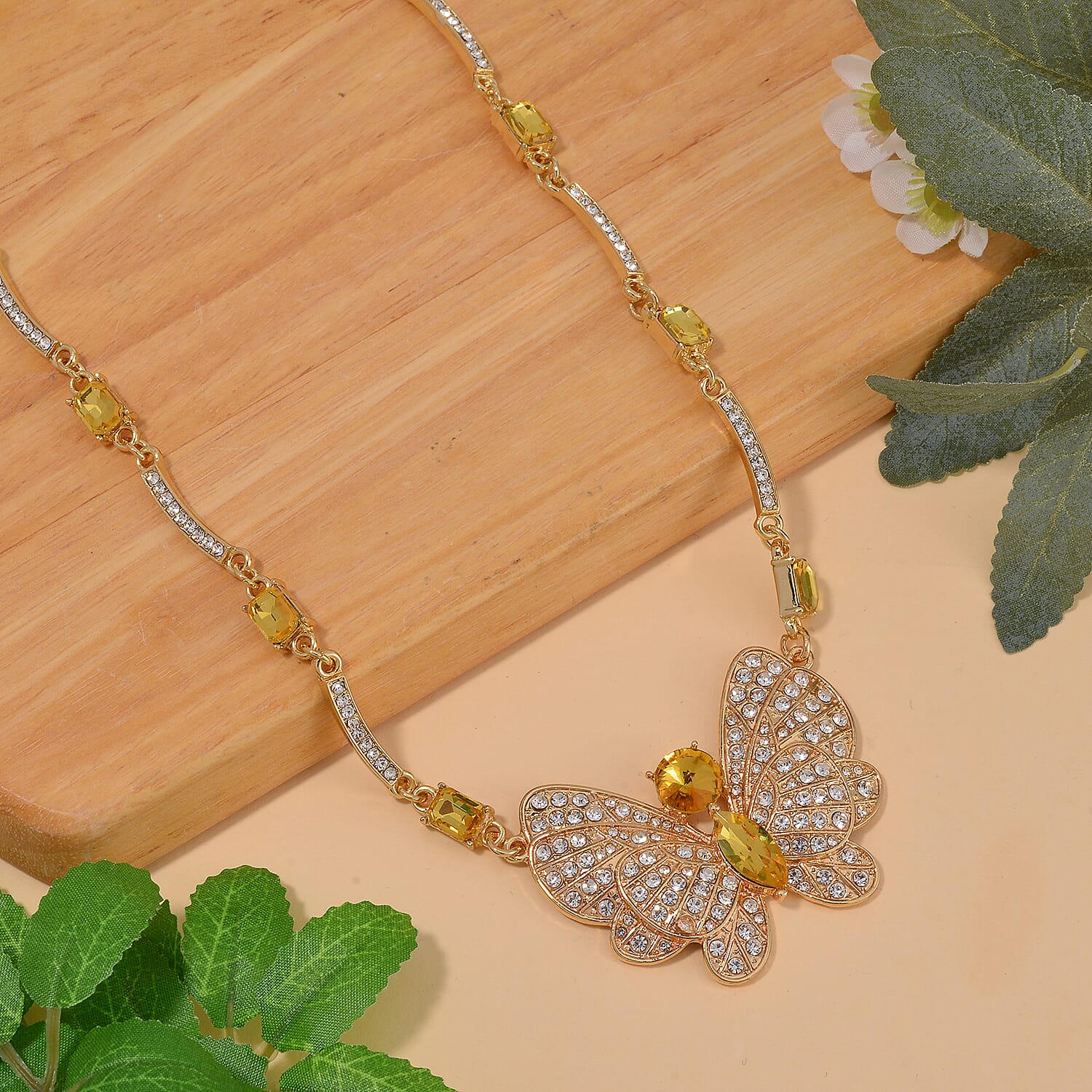 Yellow Glass and Austrian Crystal Butterfly Necklace 20-22 Inches in Goldtone