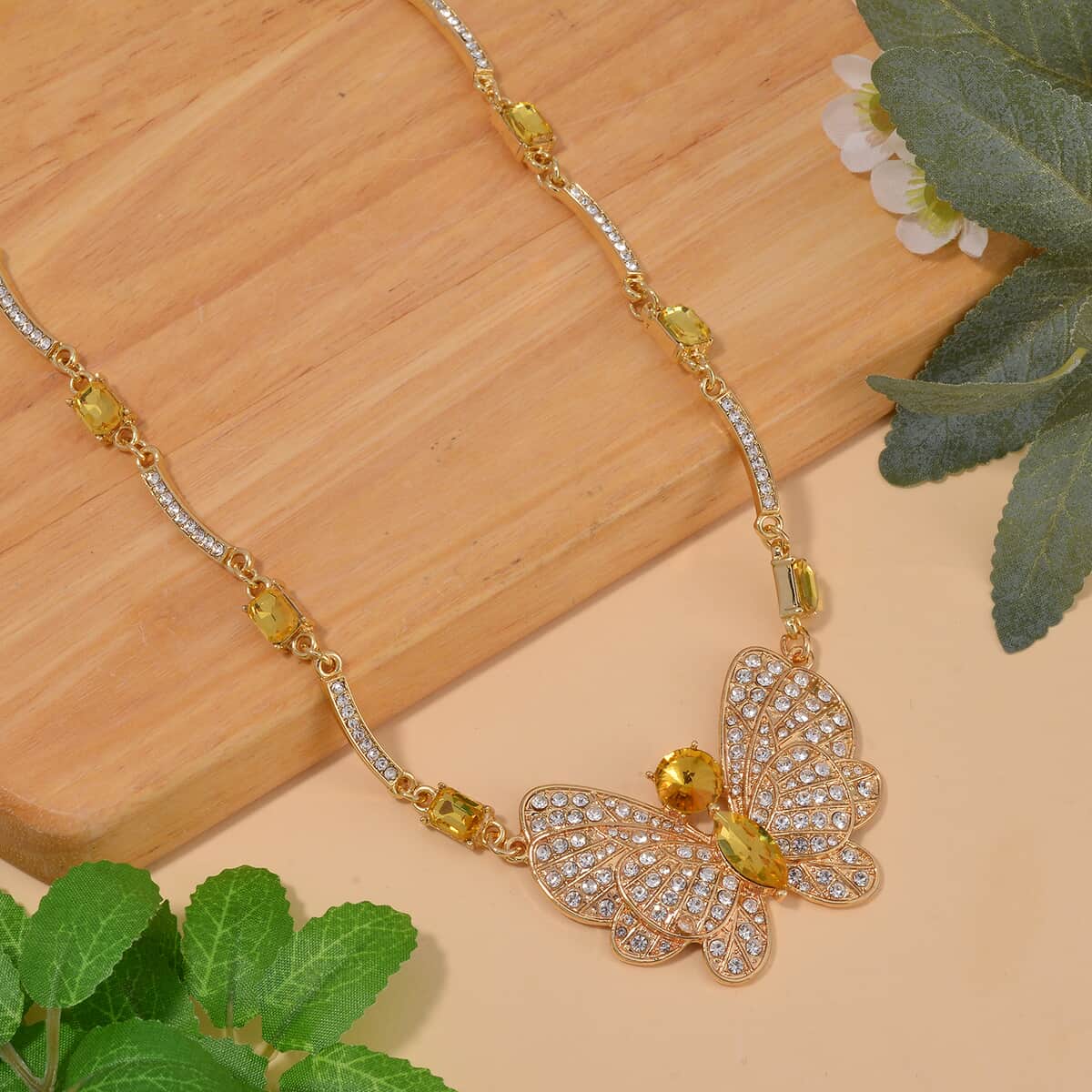 TLV Yellow Glass, Austrian Crystal Butterfly Necklace (20-22 Inches) and Earrings in Goldtone image number 1