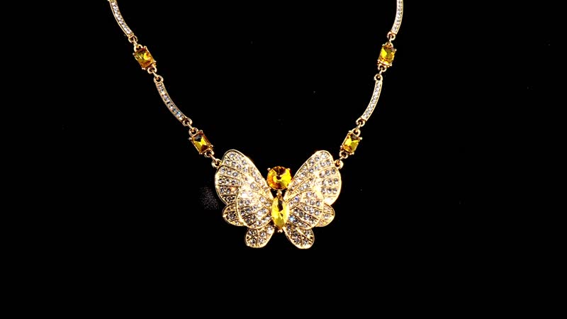 TLV Yellow Glass, Austrian Crystal Butterfly Necklace (20-22 Inches) and Earrings in Goldtone