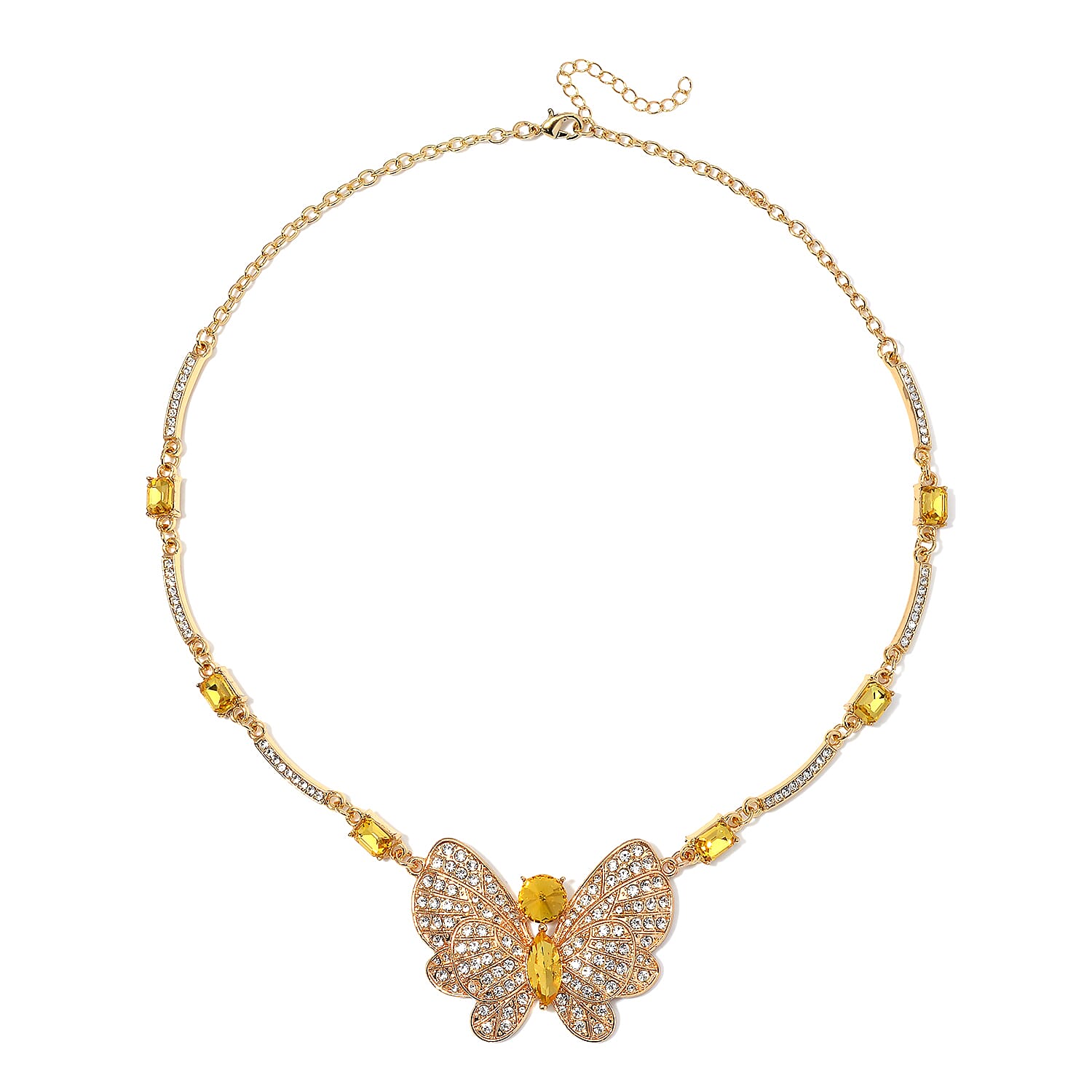 Yellow Glass and Austrian Crystal Butterfly Necklace 20-22 Inches in Goldtone