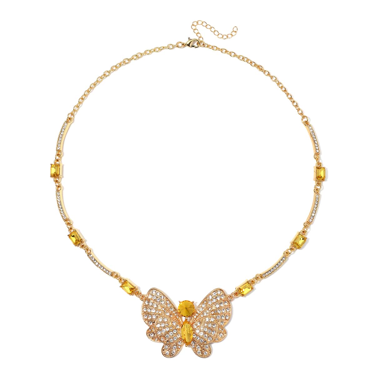 TLV Yellow Glass, Austrian Crystal Butterfly Necklace (20-22 Inches) and Earrings in Goldtone image number 2