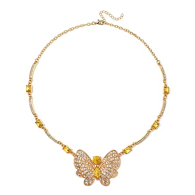 Yellow Glass and Austrian Crystal Butterfly Necklace 20-22 Inches in Goldtone