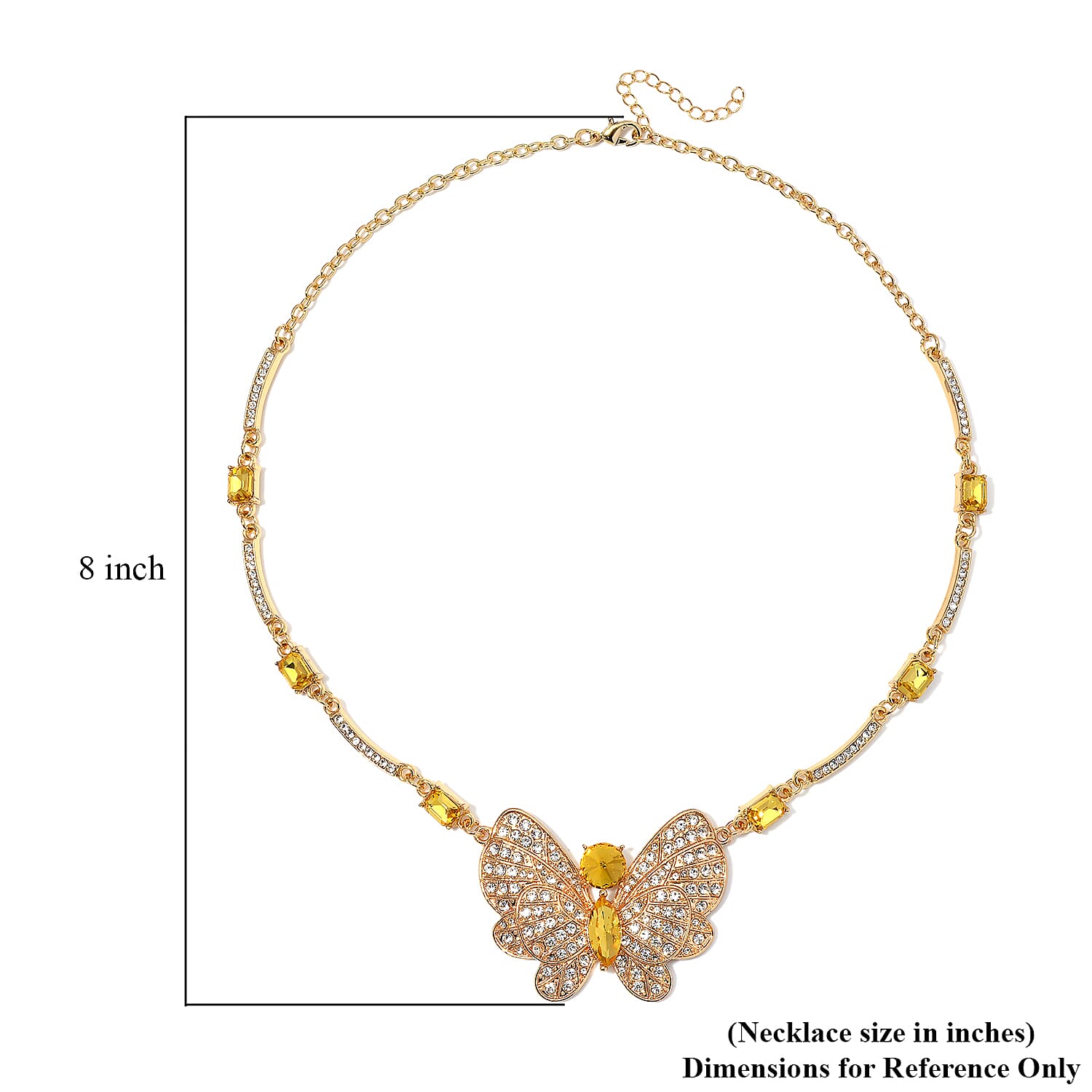Yellow Glass and Austrian Crystal Butterfly Necklace 20-22 Inches in Goldtone