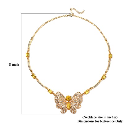 Yellow Glass and Austrian Crystal Butterfly Necklace 20-22 Inches in Goldtone