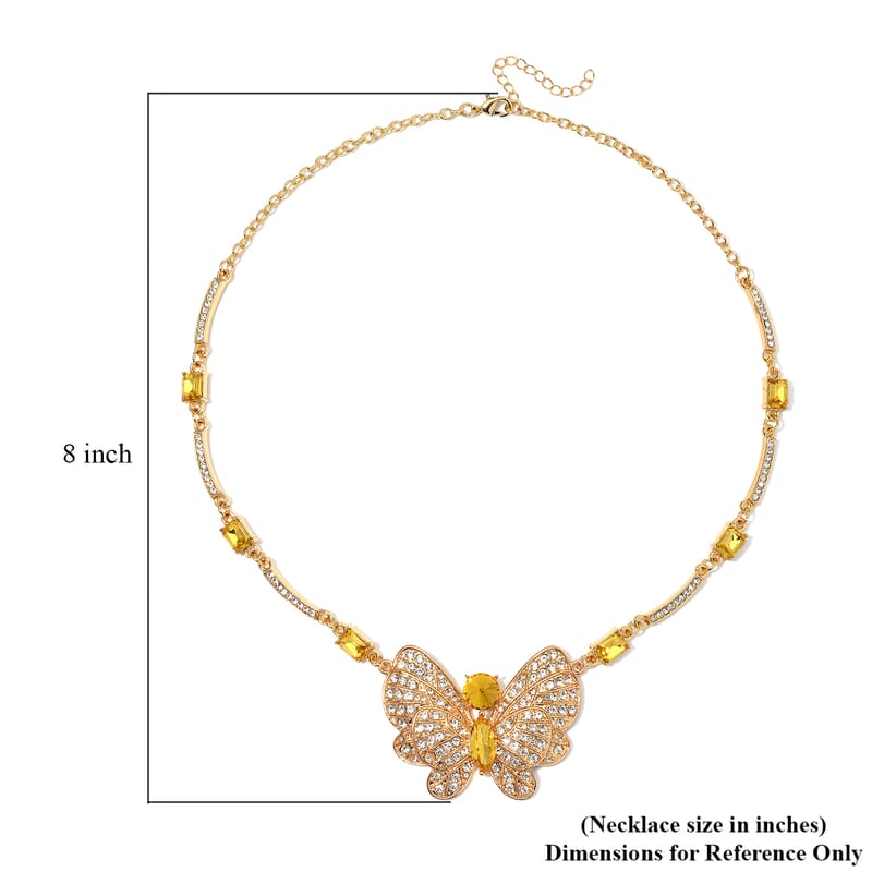 Yellow Glass and Austrian Crystal Butterfly Necklace 20-22 Inches in Goldtone