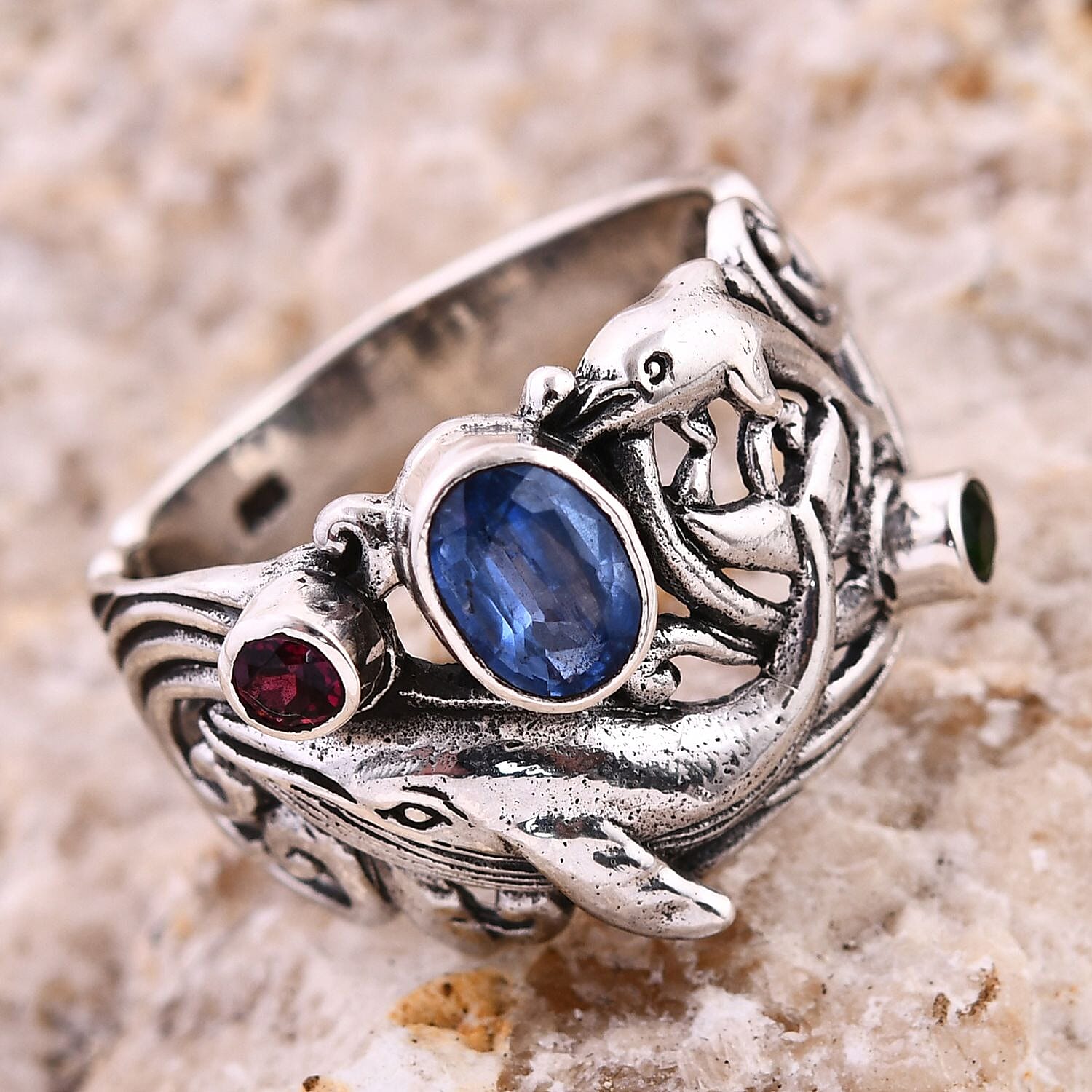 Bali Legacy Kashmir Kyanite and Multi Gemstone 1.40 ctw Sea Creature Ring in Sterling Silver (Size 10.0)