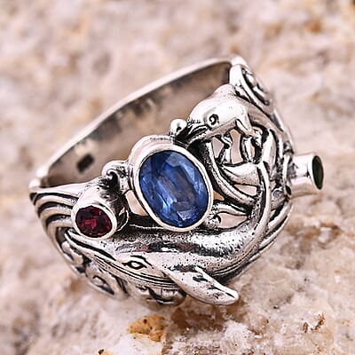 Bali Legacy Kashmir Kyanite and Multi Gemstone 1.40 ctw Sea Creature Ring in Sterling Silver (Size 10.0)