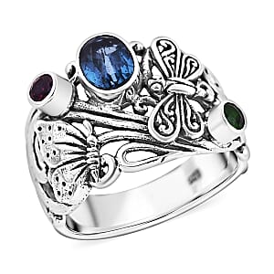 Bali Legacy Indigo Kyanite and Multi Gemstone 1.35 ctw Butterfly and Dragonfly Ring in Sterling Silver (Size 8.0)