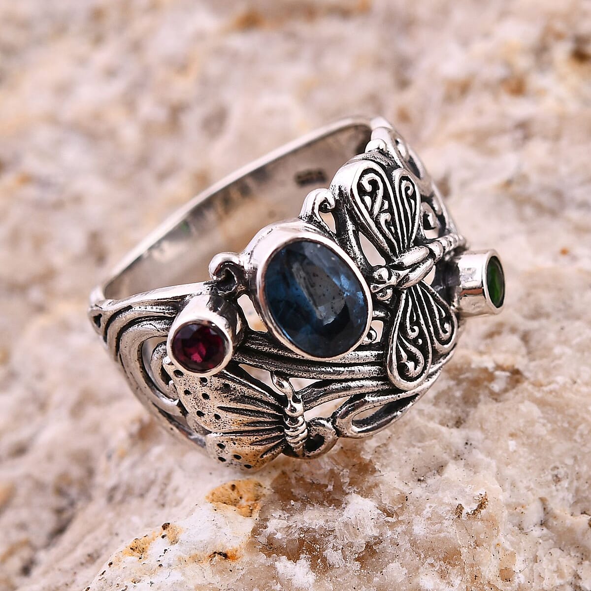 Bali Legacy Indigo Kyanite and Multi Gemstone 1.35 ctw Butterfly and Dragonfly Ring in Sterling Silver (Size 8.0) image number 1