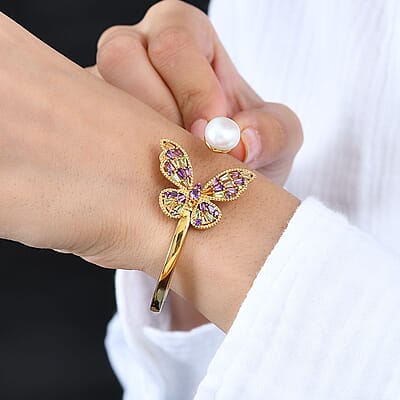 GP Trionfo Collection Multi Gemstone Bangle Bracelet in 18K Vermeil Yellow Gold Over Sterling Silver (7.25 In) 1.85 ctw