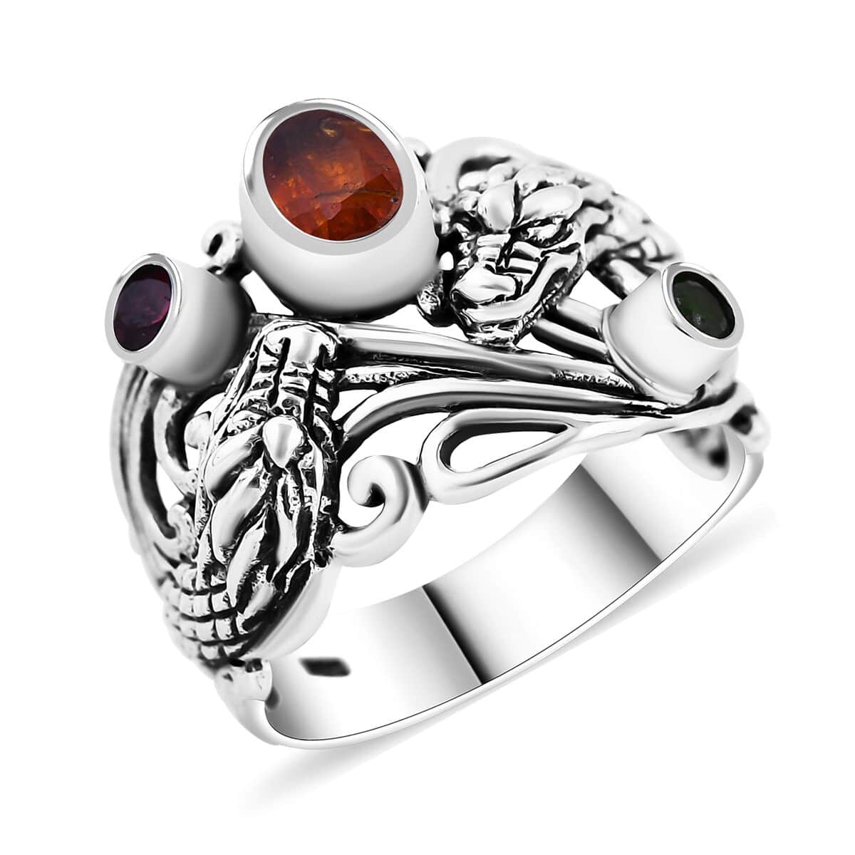 Bali Legacy Orange Kyanite and Multi Gemstone 1.35 ctw Dragon Ring in Sterling Silver (Size 10.0) image number 0