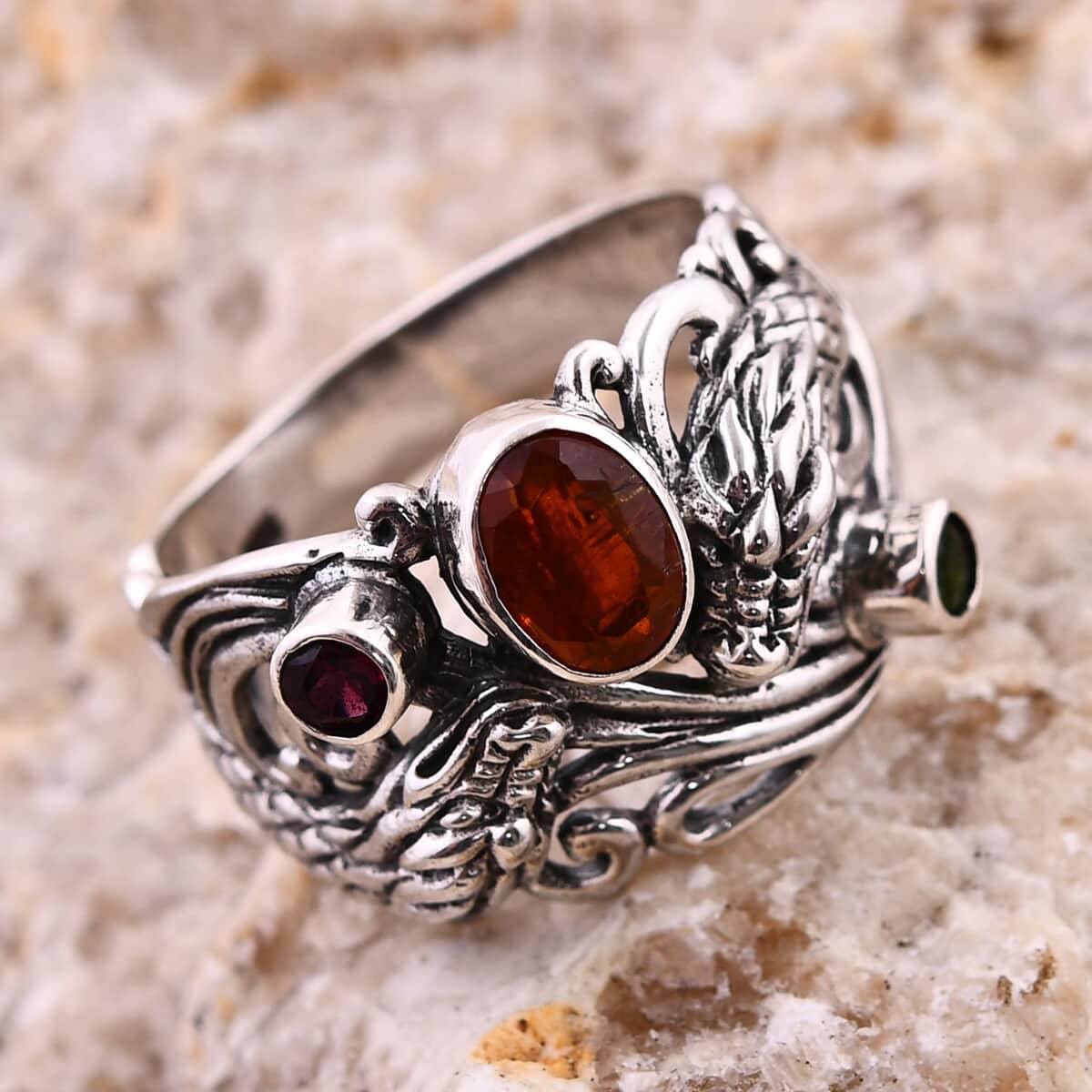 Bali Legacy Orange Kyanite and Multi Gemstone 1.35 ctw Dragon Ring in Sterling Silver (Size 10.0) image number 1