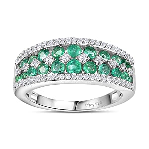 Premium Kagem Zambian Emerald and Moissanite Half Eternity Ring in Platinum Over Sterling Silver (Size 5.0) 1.40 ctw