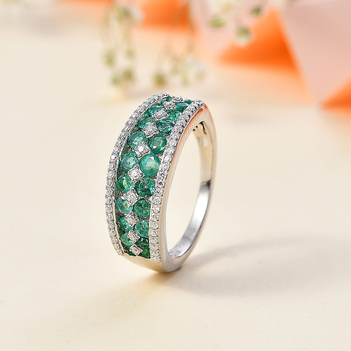Premium Kagem Zambian Emerald and Moissanite Half Eternity Ring in Platinum Over Sterling Silver (Size 6.0) 1.40 ctw image number 1