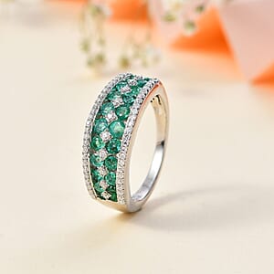 Premium Kagem Zambian Emerald and Moissanite Half Eternity Ring in Platinum Over Sterling Silver (Size 6.0) 1.40 ctw