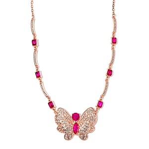 Fuchsia Glass and Austrian Crystal Butterfly Necklace 20-22 Inches in Rosetone