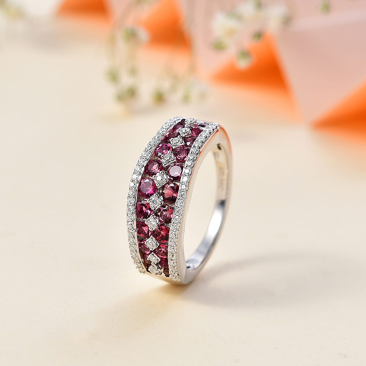 Premium Ofiki Rubellite and Moissanite Half Eternity Ring in Platinum Over Sterling Silver (Size 10.0) 1.35 ctw image number 1